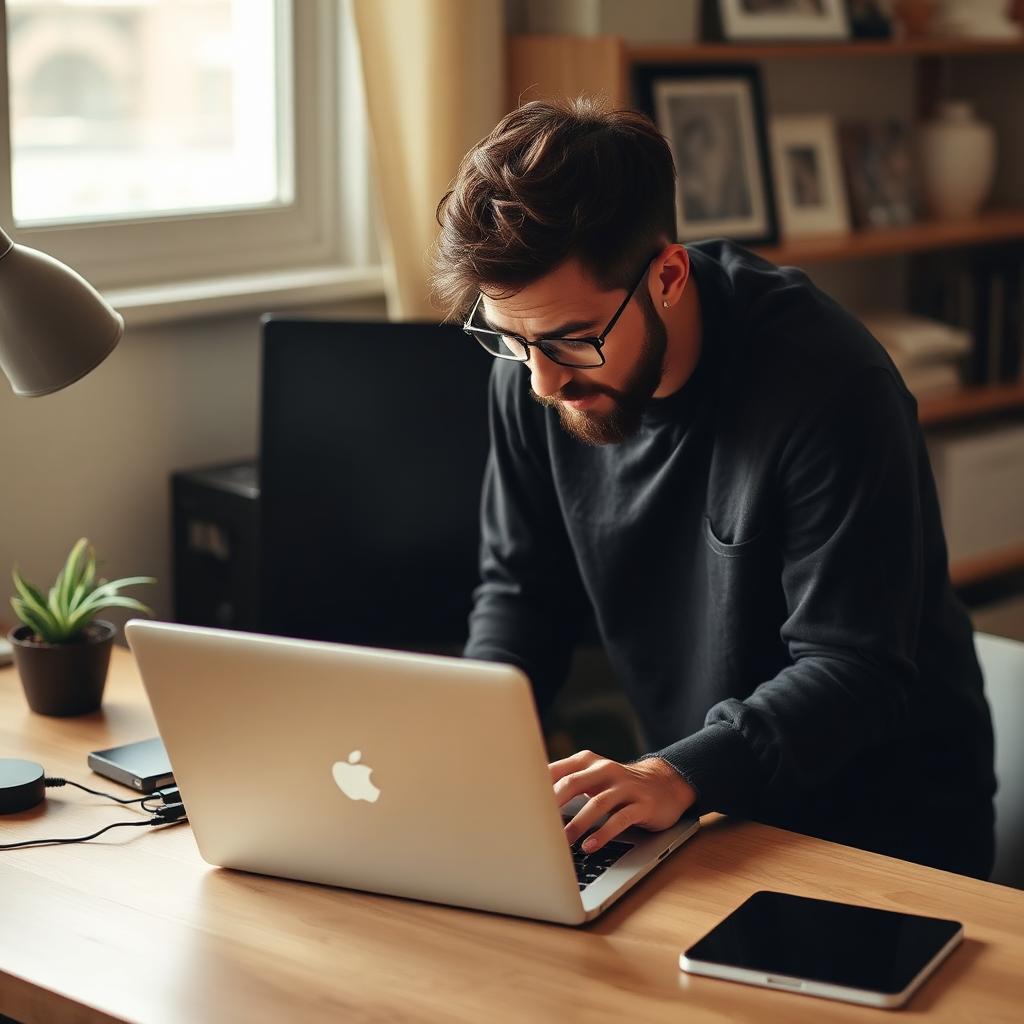 Remote worker hunched over a laptop at a home desk