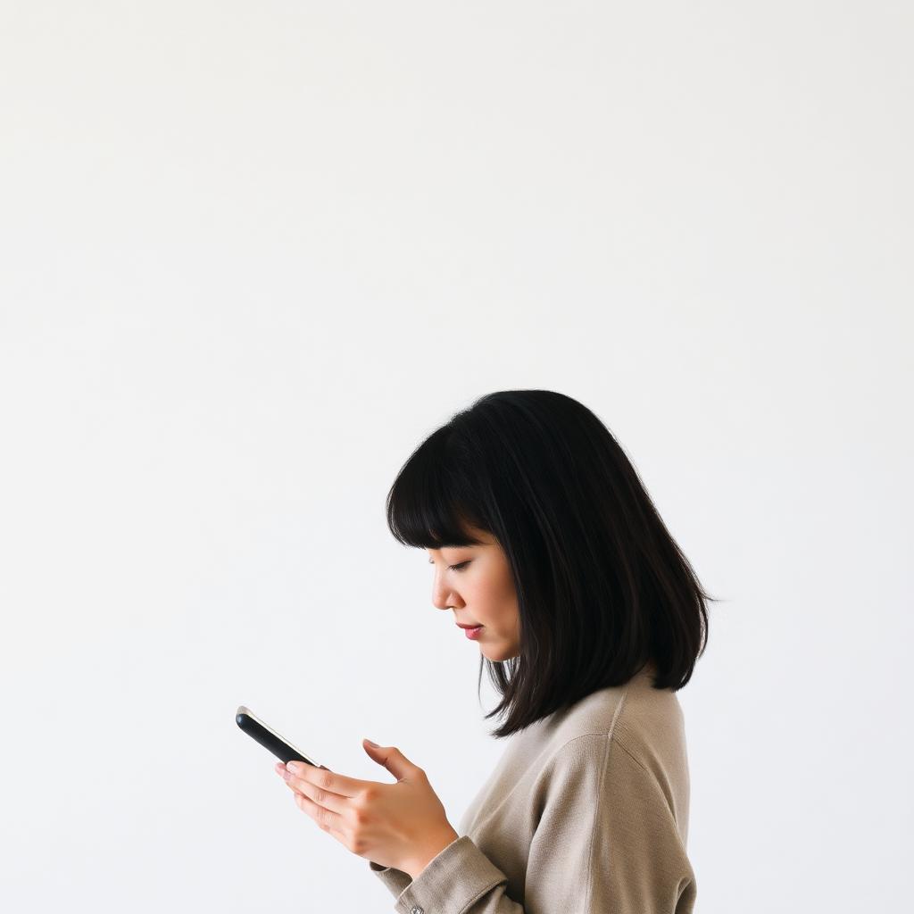 Person looking down at a phone with a rounded neck