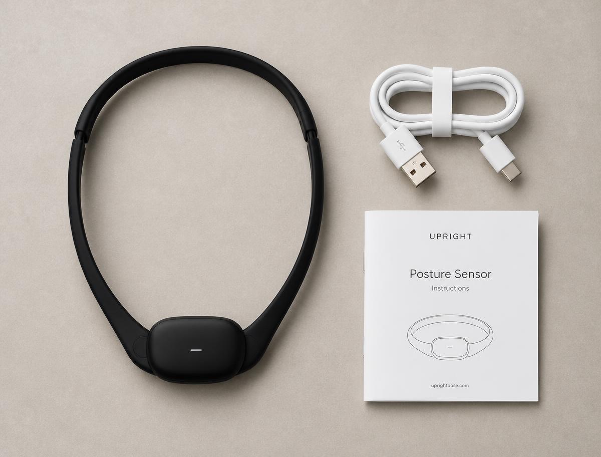 Posture sensor, USB-C charging cable and quick start manual laid out flat